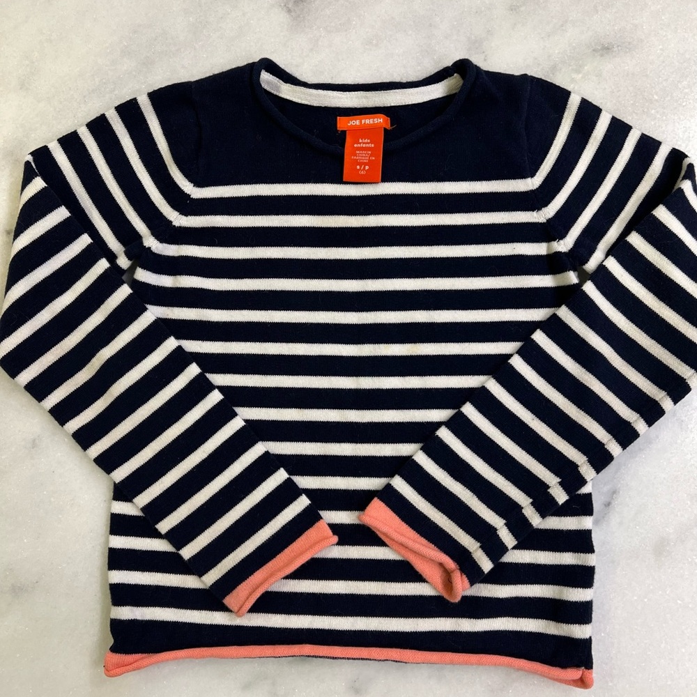 EUC Joe Fresh navy/white stripe sweater with coral detail, girls size 6